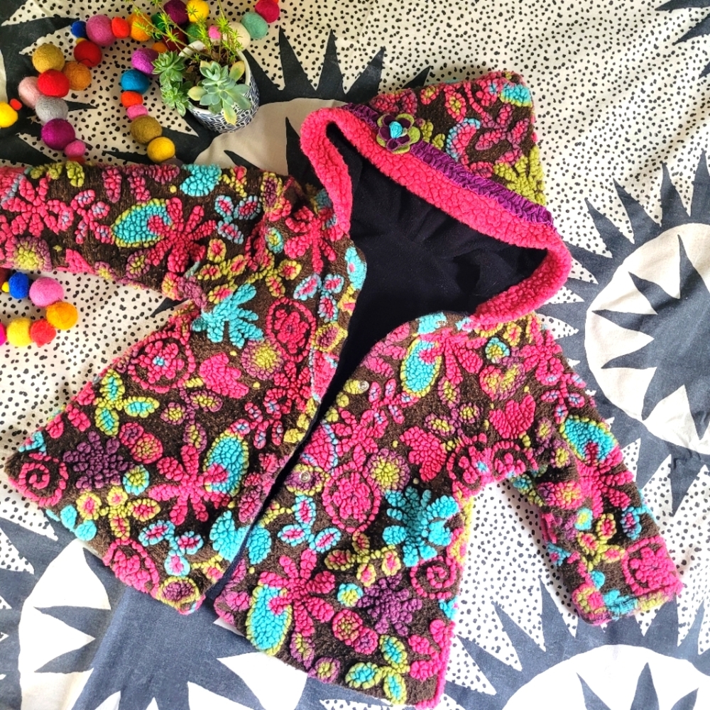 Corkys Hooded Coat Fuzzy Warm Funky Colorful Design